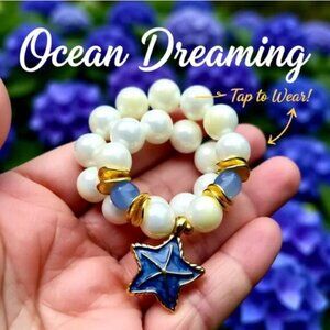 Chunky White Beaded Stretch Bracelet w/ Blue Lace Agate + Lacquered Starfish